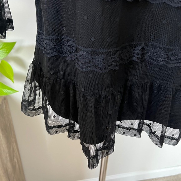 Romantic Goth Black Lace Ruffle Top Mesh Sheer Swiss Dot Bell Sleeve Medium - Picture 6 of 9